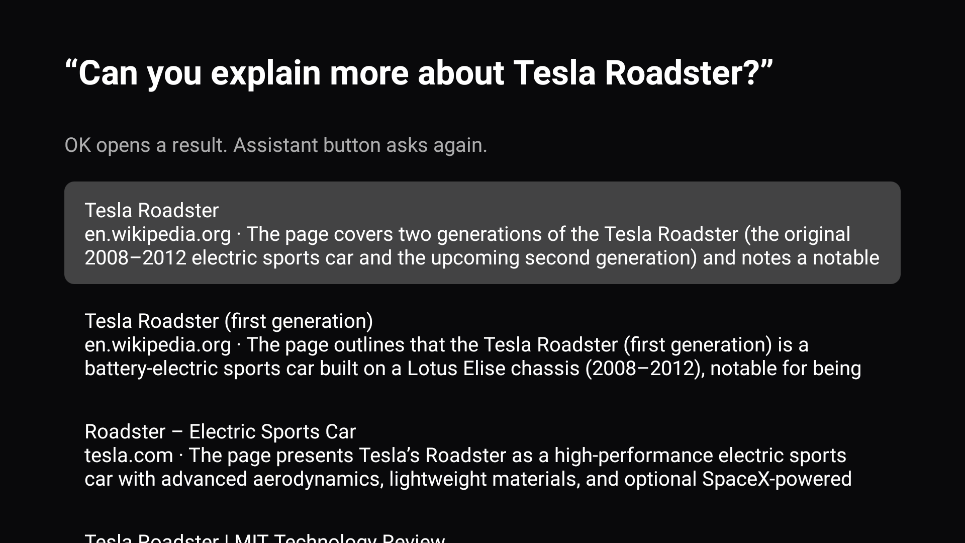 wall-e voice search on the tv, showing results for “can you explain more about tesla roadster?”